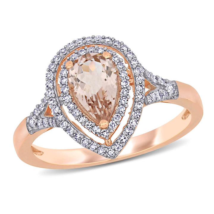 5/8 Carat (ctw) Pear Drop Morganite Double Halo Ring in 14K Rose Gold with Diamonds Image 1