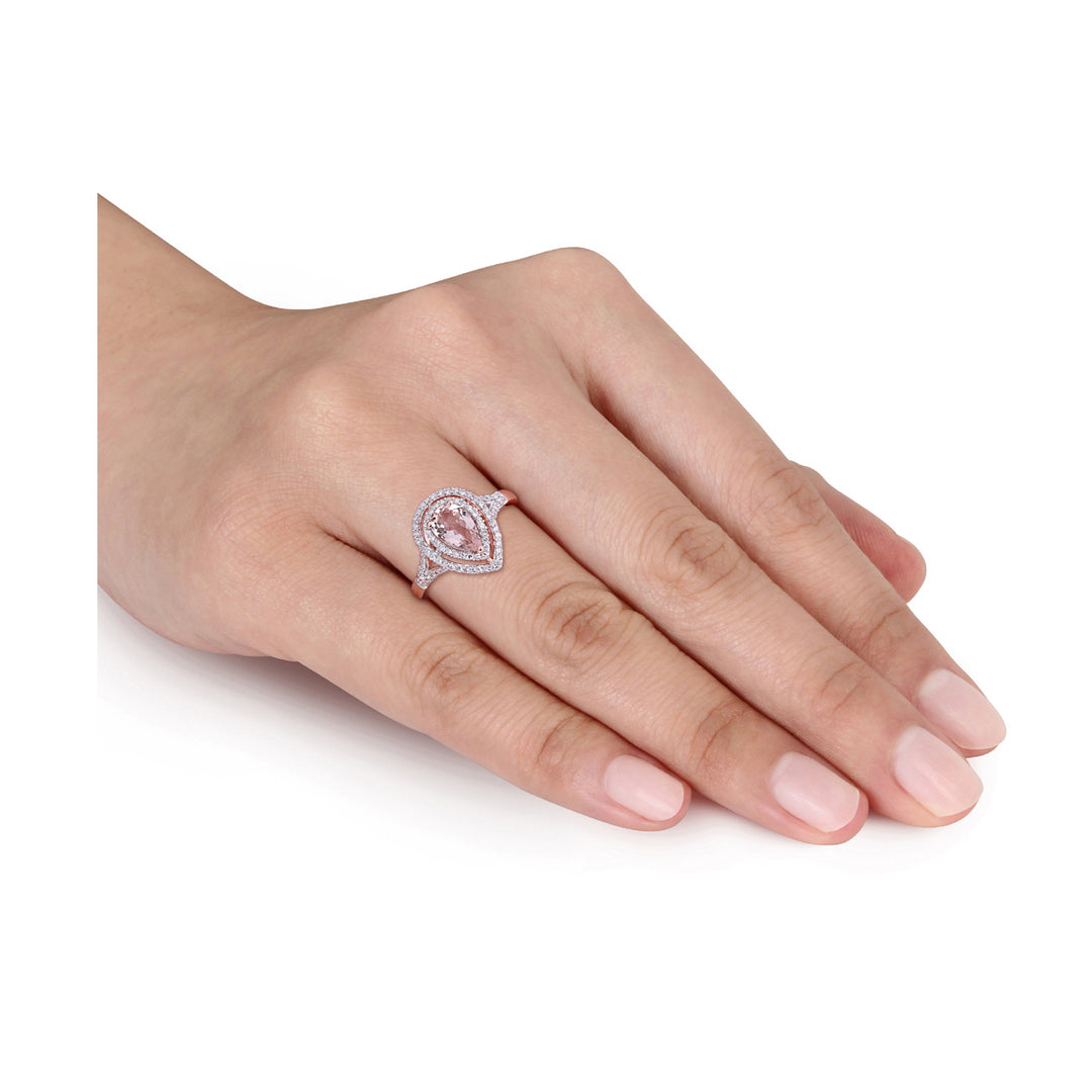 5/8 Carat (ctw) Pear Drop Morganite Double Halo Ring in 14K Rose Gold with Diamonds Image 2