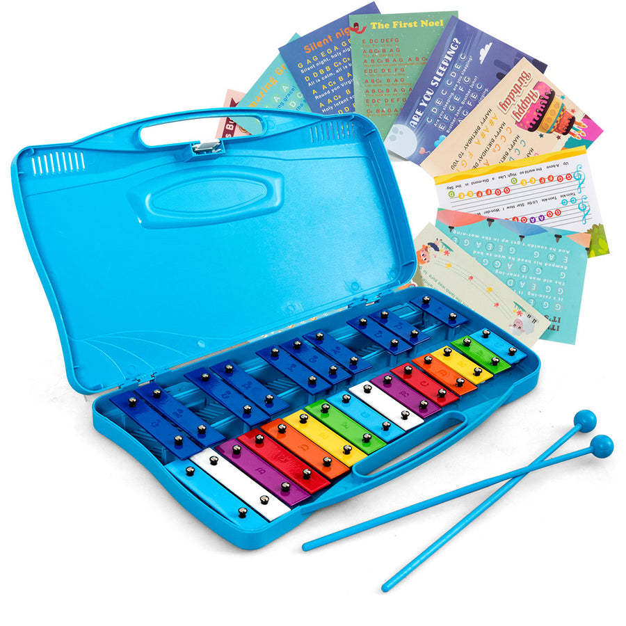 25 Notes Kids Glockenspiel Chromatic Metal Xylophone w/ Blue Case and 2 Mallets Image 1