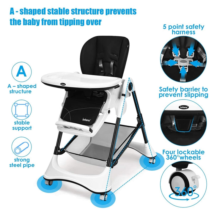 A-Shaped High Chair with 4 Lockable Wheels and Large Storage Basket - Multi-Adjustable HeightRecline and Image 1