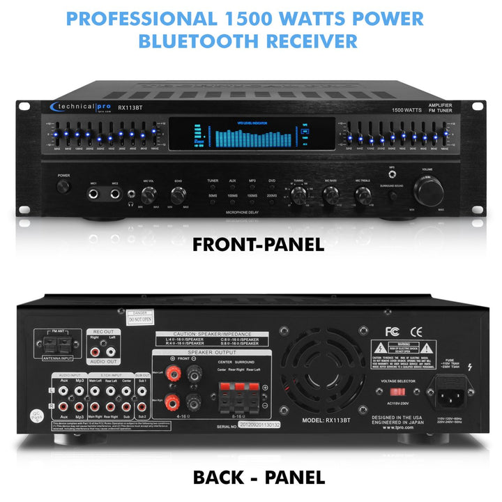 Technical Pro Professional 1500W Bluetooth Receiver w/ Built-In Equalizer 5.1 Channel Home Theater Dual Mic Inputs 5 Image 2