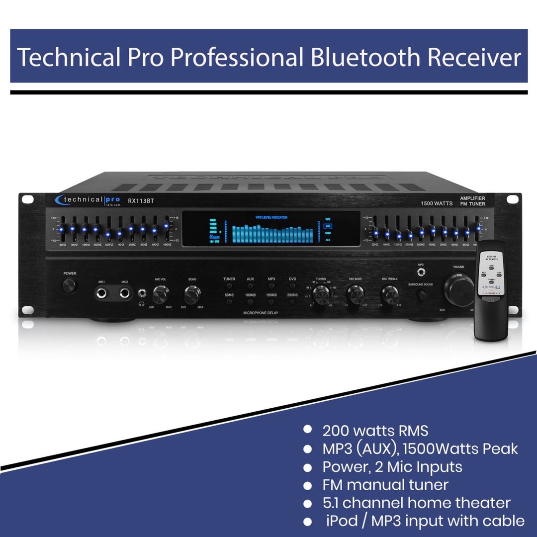 Technical Pro Professional 1500W Bluetooth Receiver w/ Built-In Equalizer 5.1 Channel Home Theater Dual Mic Inputs 5 Image 4