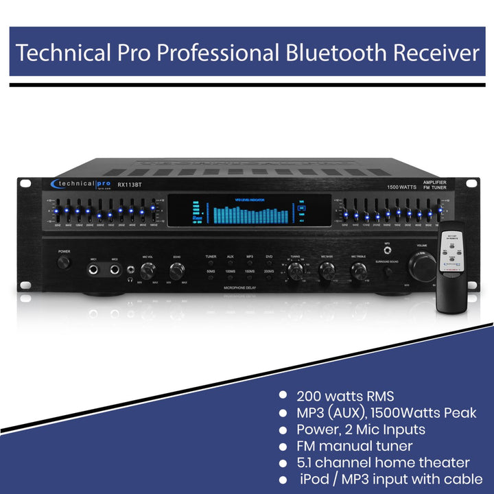 Technical Pro Professional 1500W Bluetooth Receiver w/ Built-In Equalizer 5.1 Channel Home Theater Dual Mic Inputs 5 Image 4