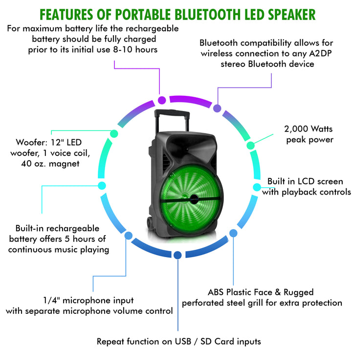 Technical Pro Rechargeable 12" Portable Bluetooth LED Speaker with USB / SD Card, 1/4'' Microphone Inputs, Top and Side Image 4