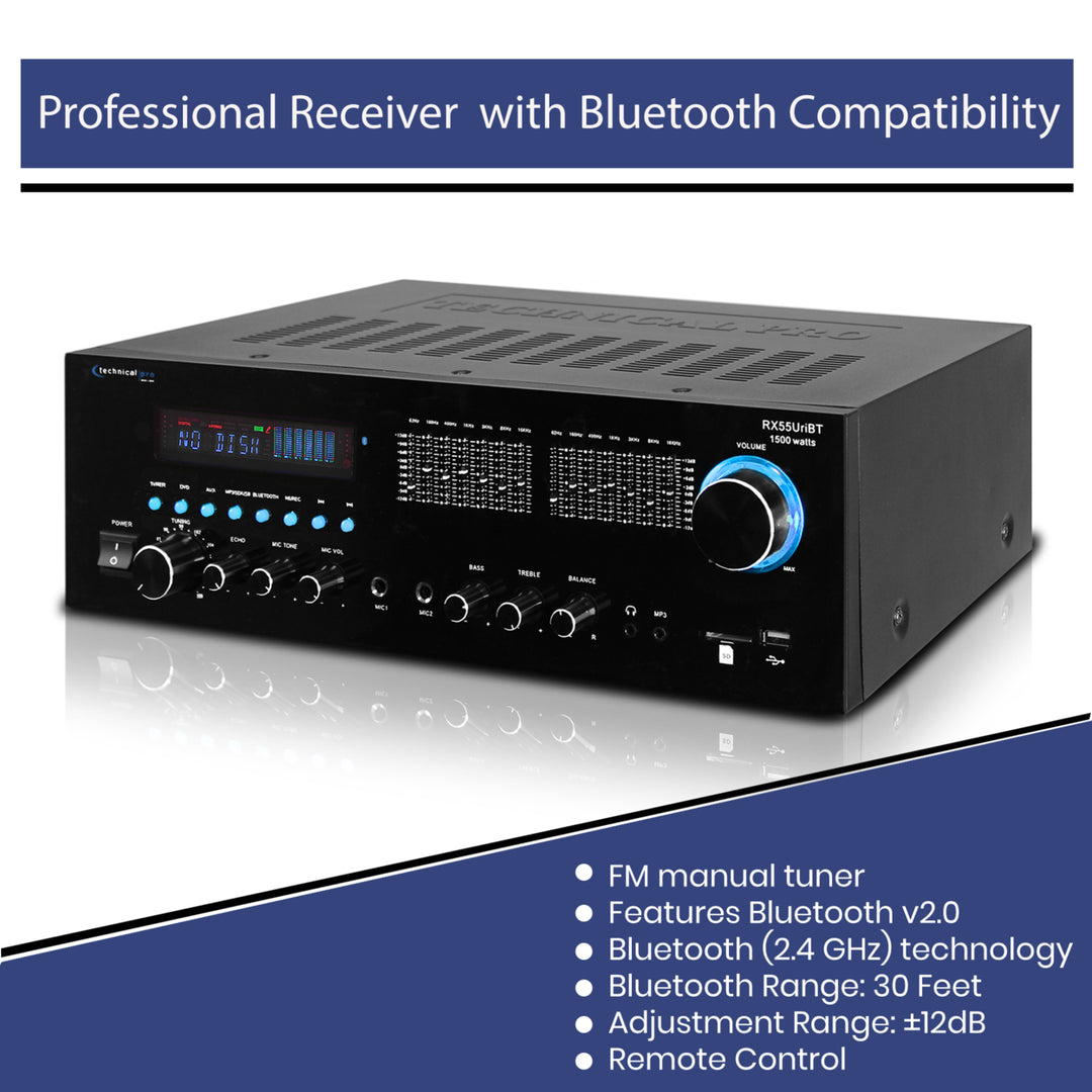 Technical Pro Professional Bluetooth Receiver with USB and SD Card Inputs 2 Mic Inputs 5 Band EQ FM Radio iPod/ iPhone Image 4