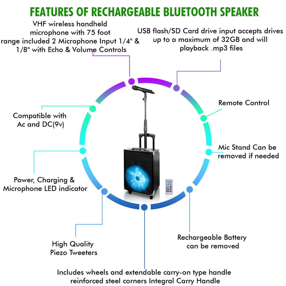 Technical Pro 800W Bluetooth Speaker Retractable Mic Stand Wireless Microphone Image 2