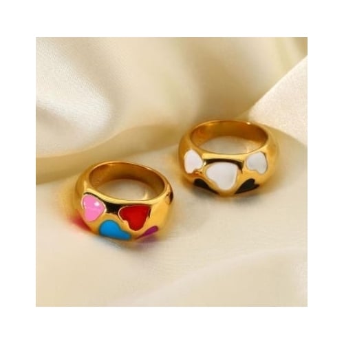 18K Gold Plated Heart enamel ring stainless steel thick black white color ring womens stainless steel ring Image 2