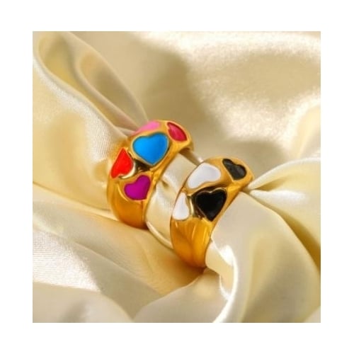 18K Gold Plated Heart enamel ring stainless steel thick black white color ring womens stainless steel ring Image 3