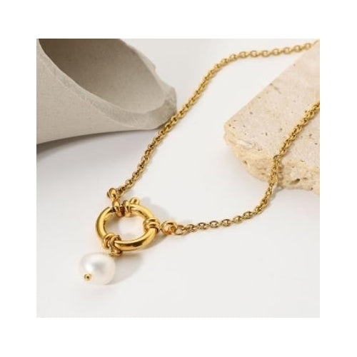 Round spring buckle sailor buckle 18K gold-plated chain accessories stainless steel jewelry Freshwater Pearl Pendant Image 2