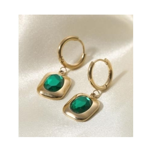 14K Gold Plated Steel emerald square pendant Ring Earrings Image 3