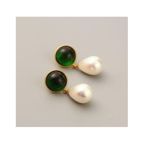 18K genuine gold plating inlaid crystal glass pearl pendant earrings feminine Earrings Image 4