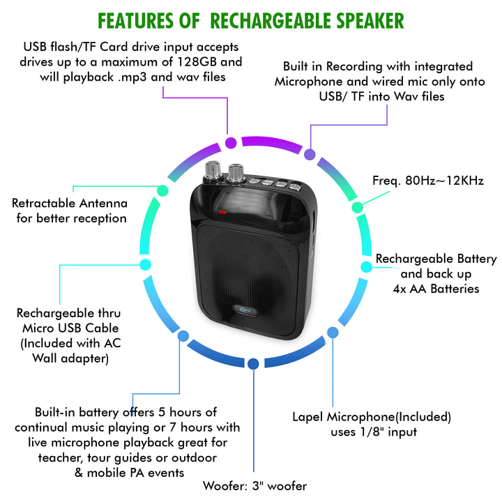 Technical Pro Rechargeable Speaker with Wired Lapel Mic USB SD Card FM AUX Inputs Image 3