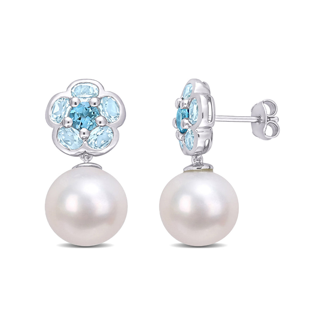 11-12mm Cultured Freshwater Pearl and London Blue Topaz Floral Earrings in Sterling Silver Image 1