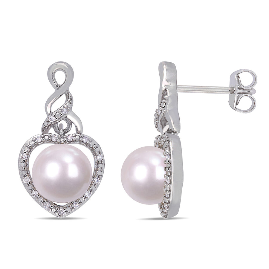 White Freshwater Cultured Pearl Heart Drop Earrings with Diamonds in Sterling Silver Image 1