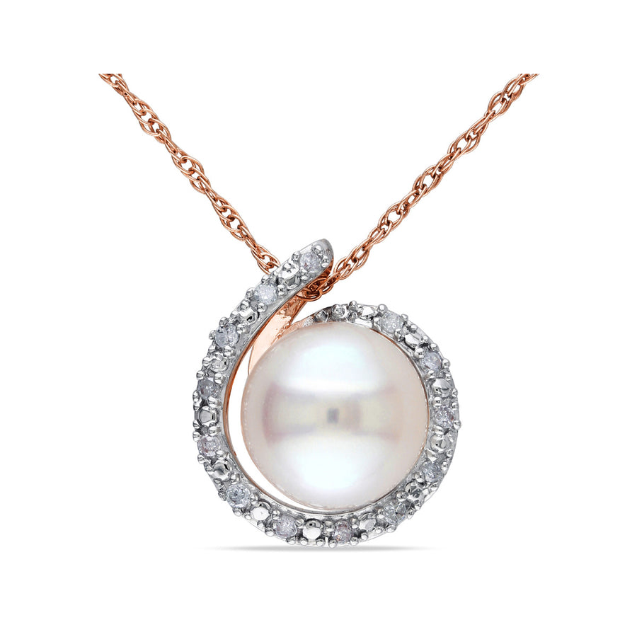 8-8.5mm White Freshwater Pearl Swirl Pendant Necklace in 14K Rose Pink Gold with Chain Image 1