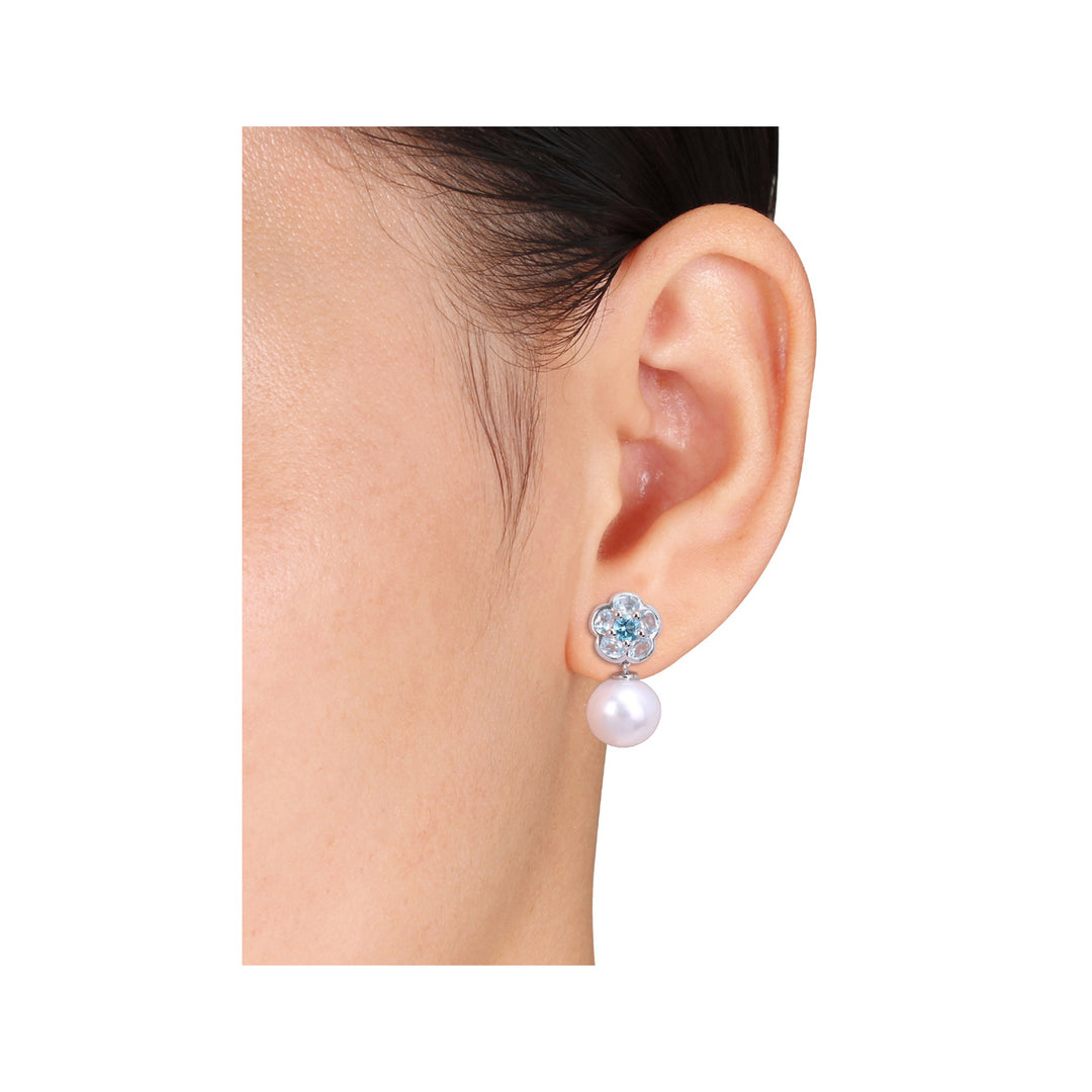 11-12mm Cultured Freshwater Pearl and London Blue Topaz Floral Earrings in Sterling Silver Image 3