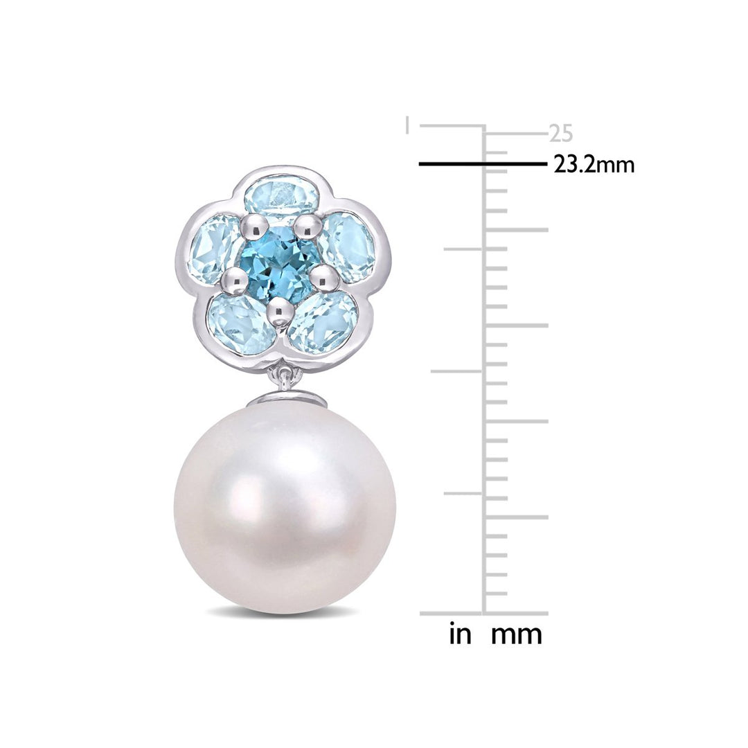 11-12mm Cultured Freshwater Pearl and London Blue Topaz Floral Earrings in Sterling Silver Image 4