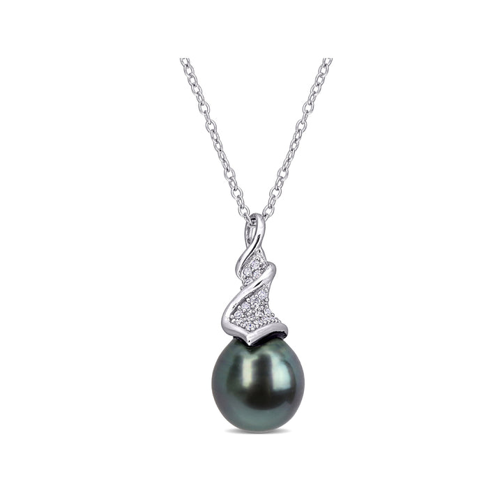 9-9.5mm Black Tahitian Cultured Pearl Pendant Necklace in Sterling Silver with Chain Image 1