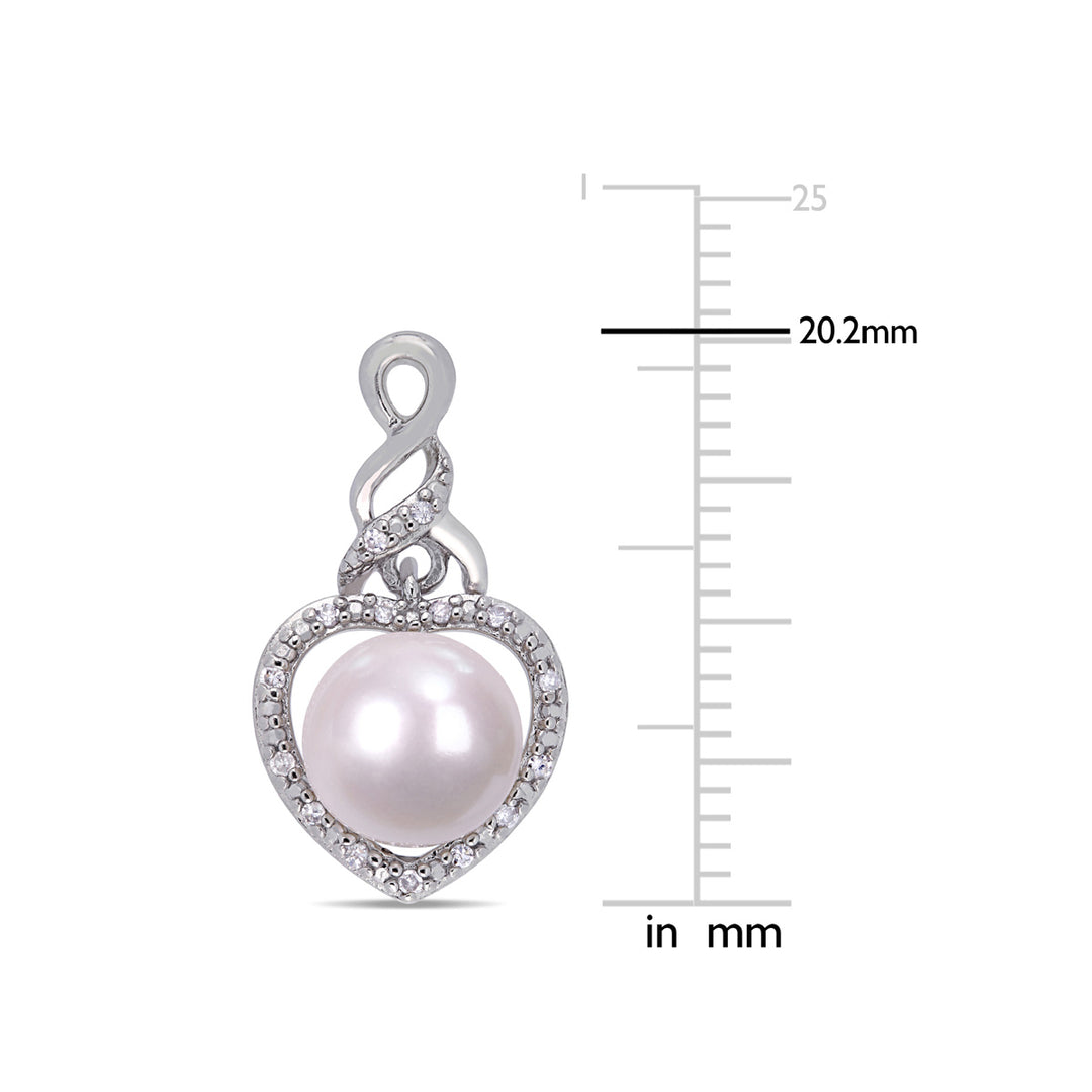 White Freshwater Cultured Pearl Heart Drop Earrings with Diamonds in Sterling Silver Image 3