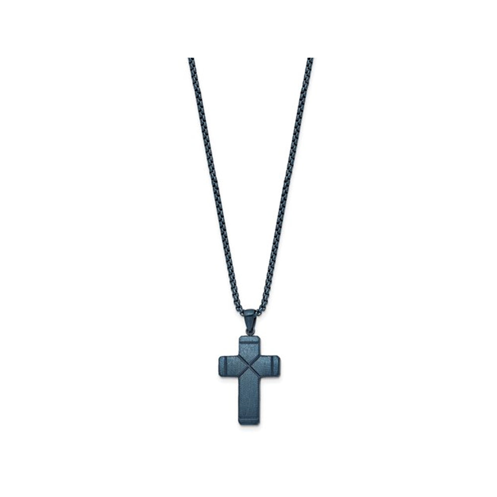 Mens Stainless Steel Polished Blue Cross Pendant Necklace with Chain Image 2