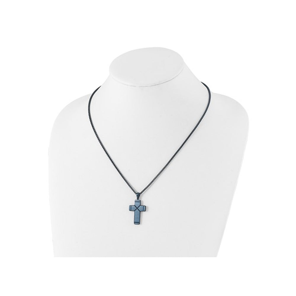 Mens Stainless Steel Polished Blue Cross Pendant Necklace with Chain Image 3