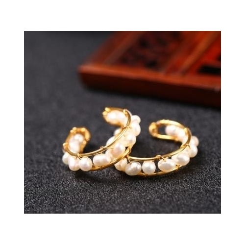 14k Gold Plated wrapped silk handmade freshwater white pearl ring elongated stone ring Image 1