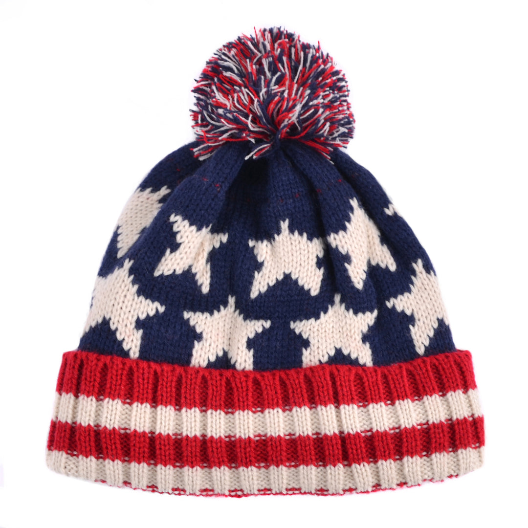 Old School Unisex American Flag Knit Pom Beanie Ski Hat with Stars Red White and Blue Image 1