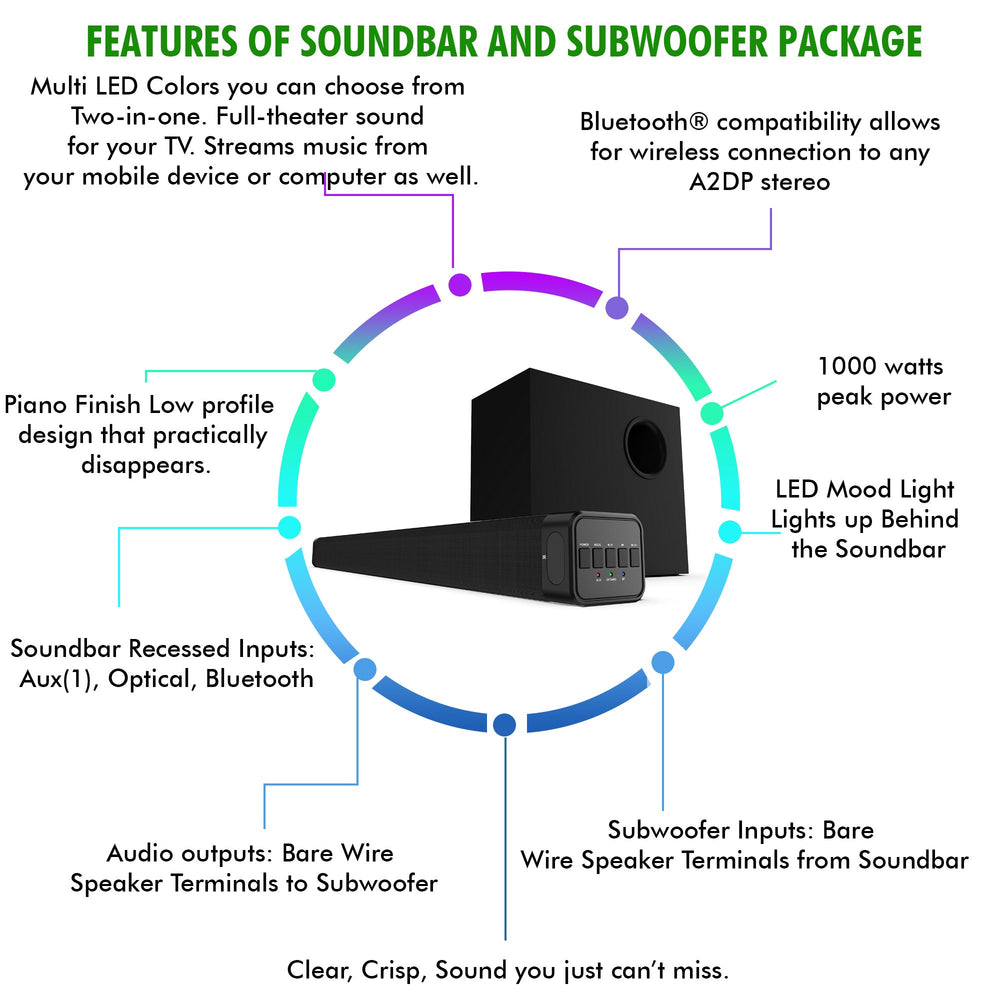 Technical Pro 1000 Watts Bluetooth LED Color Changing Soundbar and Subwoofer Packagefor Audio System for TV SpeakersHome Image 2