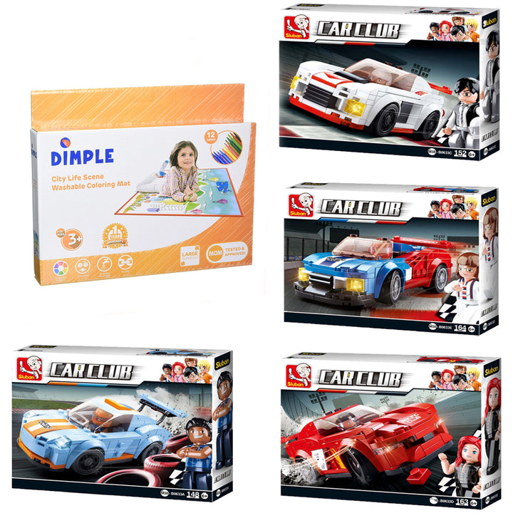 SlubanKids Car Club Knight Bird Butterfly Building Blocks Building Toy 643 Pcs & Dimple Washable Coloring Play Mat w/ 12 Image 1
