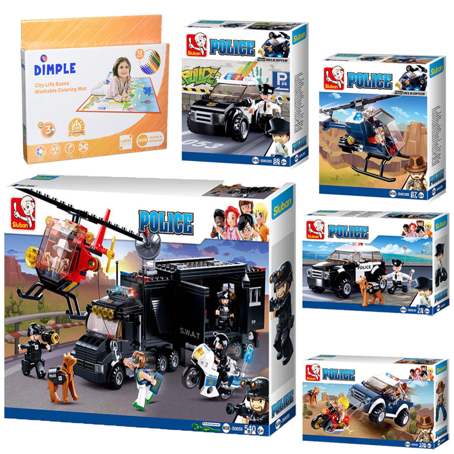 SlubanKids SWAT Police Car Playset Building Blocks Building Toy Set 899 Pcs and Dimple Small Washable Coloring Play Mat Image 1