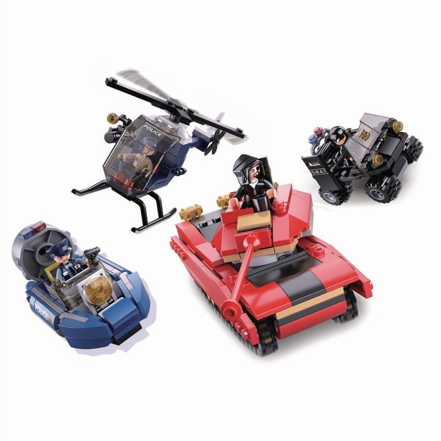 SlubanKids Police Tank Chase SWAT Police Car Helicopter Boat Hoovercraft Building Blocks 460 Pcs set Building Toy Police Image 1