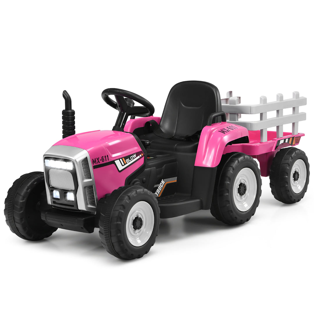 Costway 12V Kids Ride On Tractor with Trailer Ground Loader w/ RC & Lights Red\Pink\Green Image 1