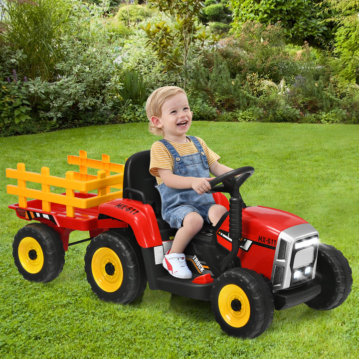 Costway 12V Kids Ride On Tractor with Trailer Ground Loader w/ RC and Lights Red\Pink\Green Image 3