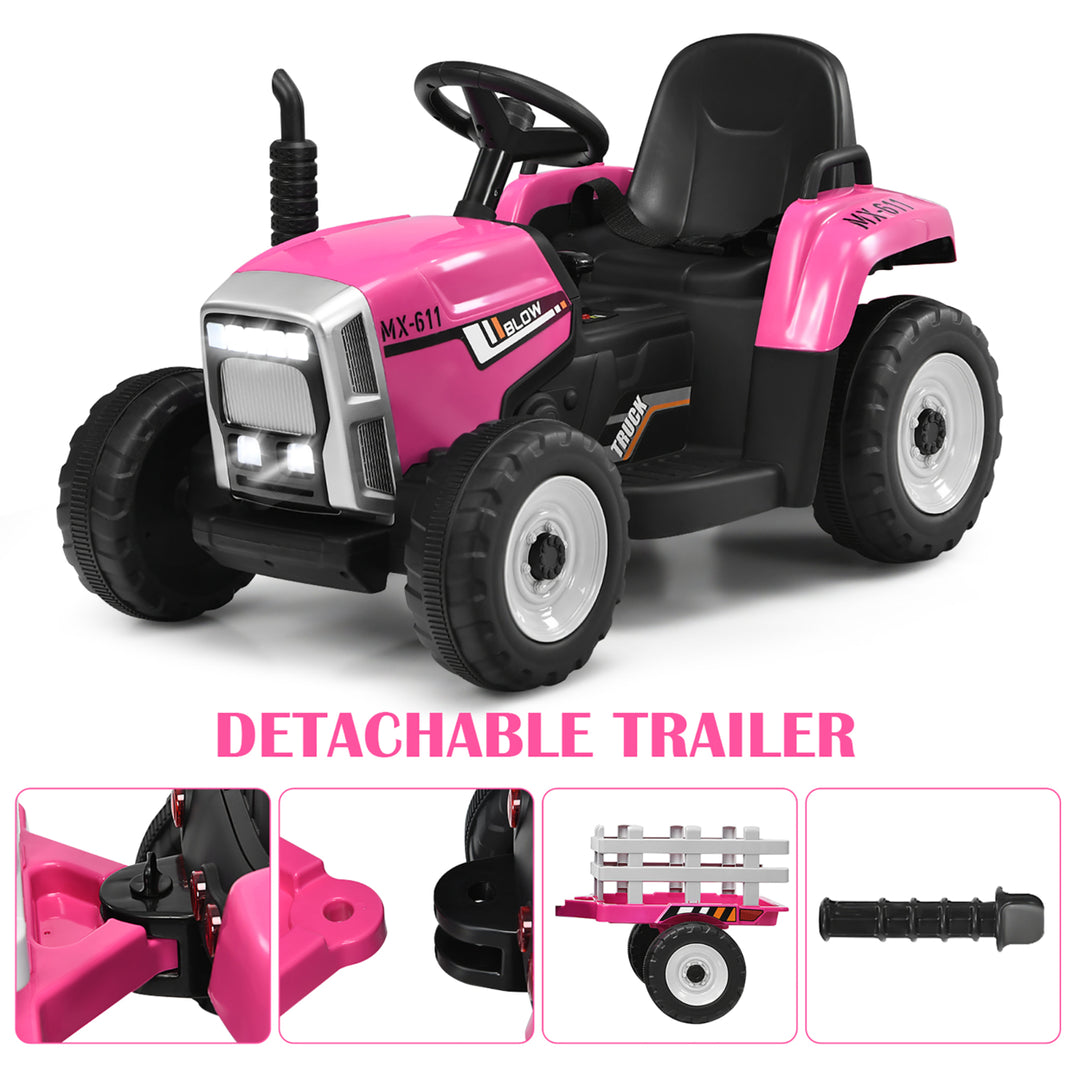 Costway 12V Kids Ride On Tractor with Trailer Ground Loader w/ RC and Lights Red\Pink\Green Image 4