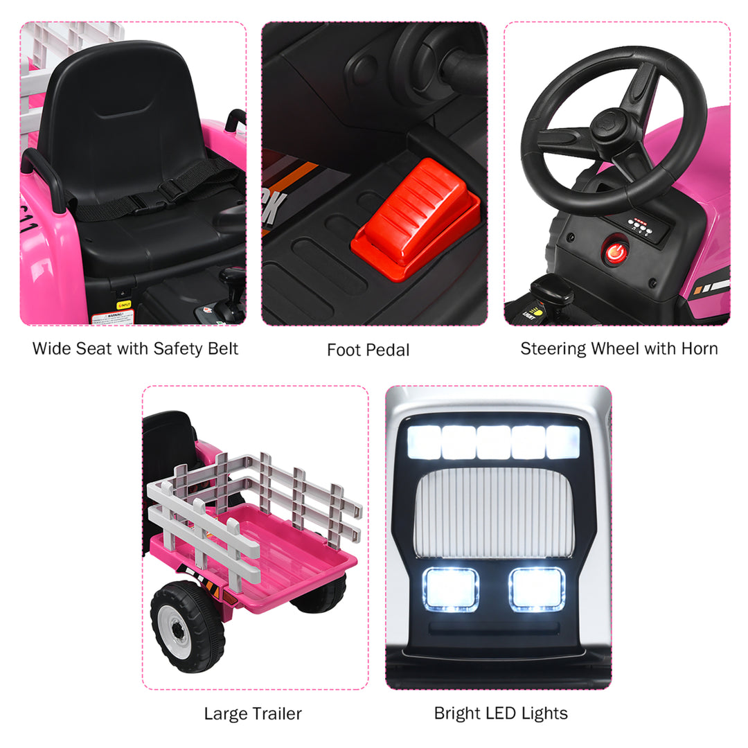 Costway 12V Kids Ride On Tractor with Trailer Ground Loader w/ RC and Lights Red\Pink\Green Image 7