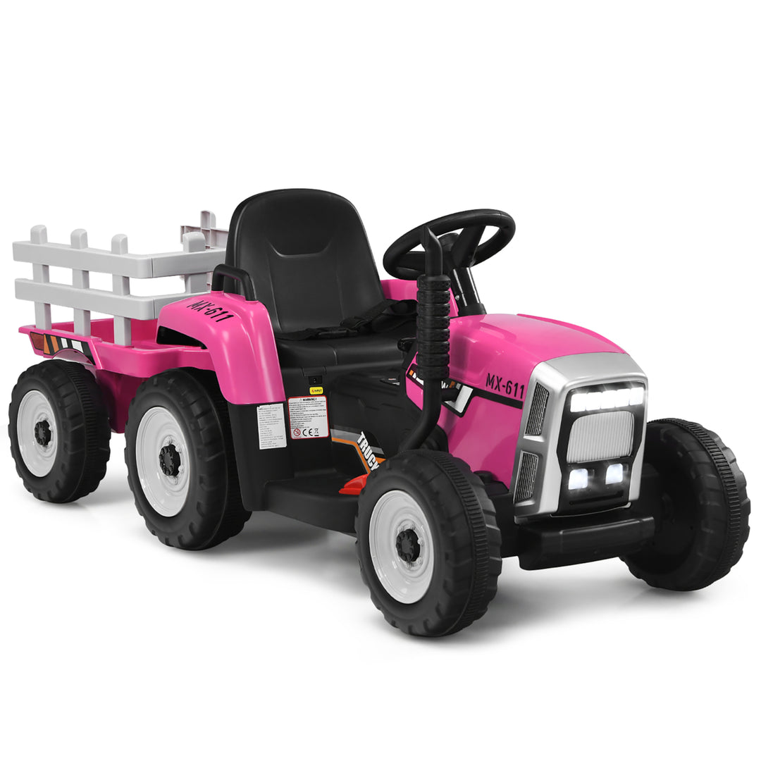 Costway 12V Kids Ride On Tractor with Trailer Ground Loader w/ RC and Lights Red\Pink\Green Image 9