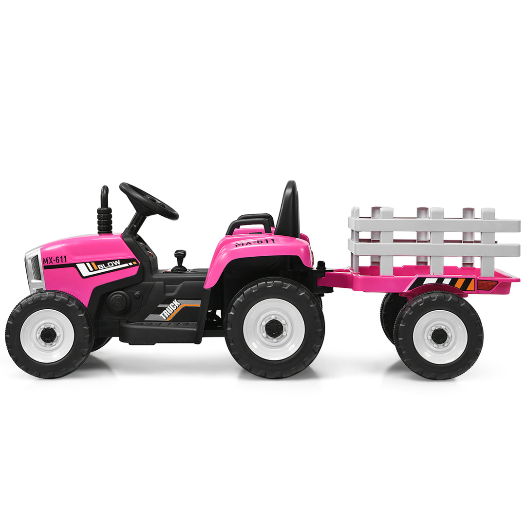 Costway 12V Kids Ride On Tractor with Trailer Ground Loader w/ RC and Lights Red\Pink\Green Image 10