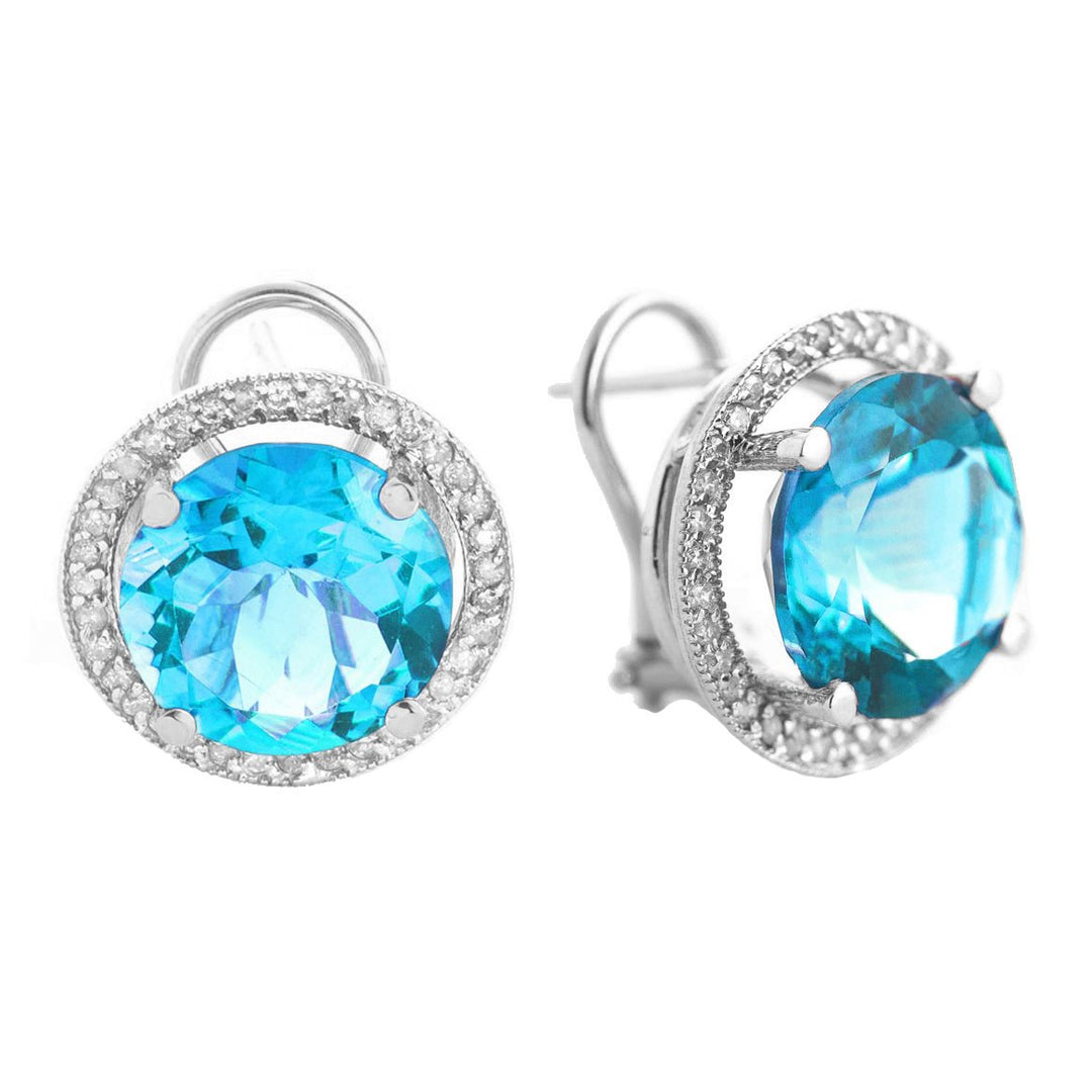 14K Gold French Clip Earrings with Blue Topaz and Diamond Accents Image 1