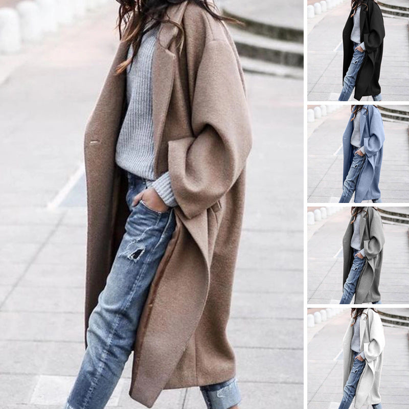 Womens Oversized Notched Collar Wool Blend Single Breast Midi Long Trench Coat Image 1