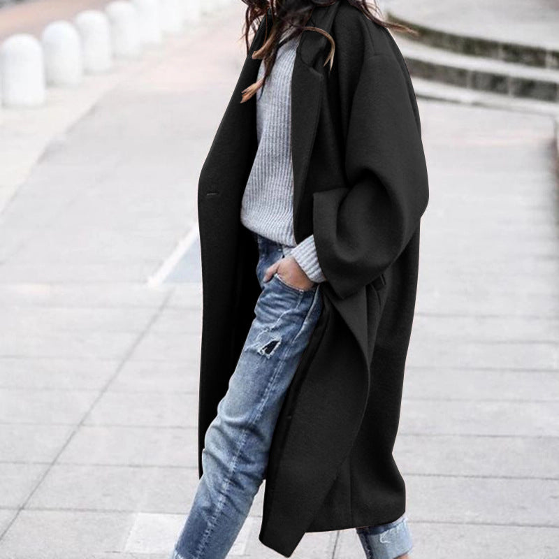 Womens Oversized Notched Collar Wool Blend Single Breast Midi Long Trench Coat Image 3