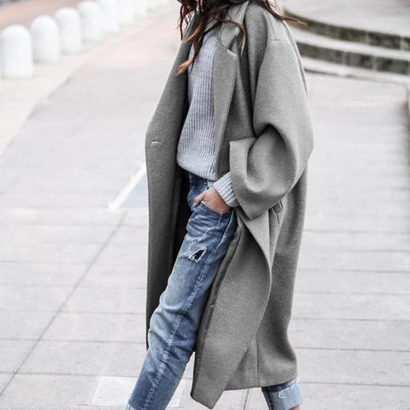 Womens Oversized Notched Collar Wool Blend Single Breast Midi Long Trench Coat Image 4
