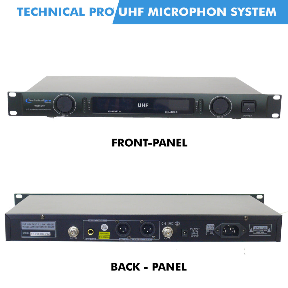 Technical Pro Professional UHF Dual Handheld Wireless Microphone System w/ UHF Mics, XLR Outputs, LCD Display, Mount Image 2