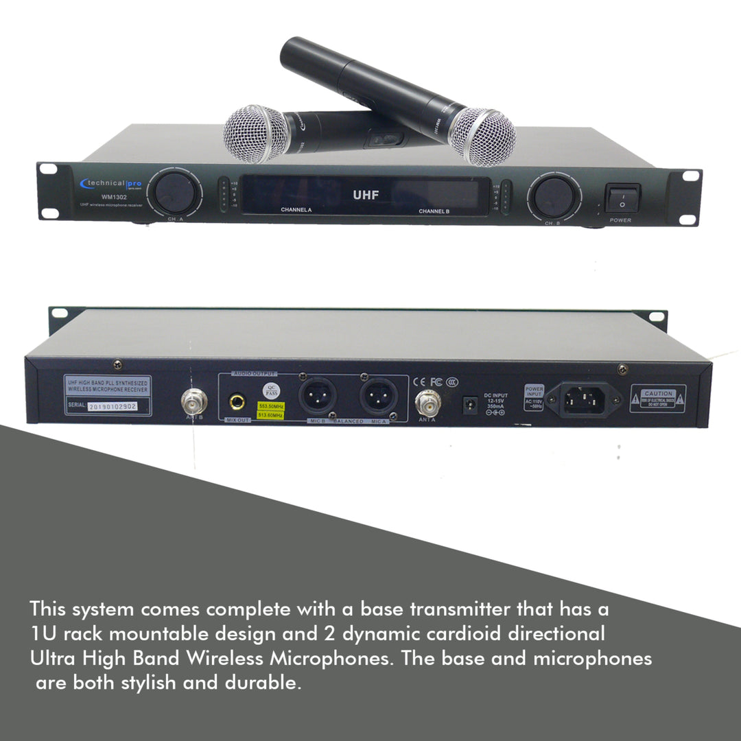 Technical Pro Professional UHF Dual Handheld Wireless Microphone System w/ UHF MicsXLR OutputsLCD DisplayMount Image 4