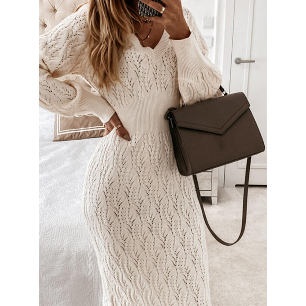 Long knitted slim dress V-neck cutout sweater ladies dress Image 2