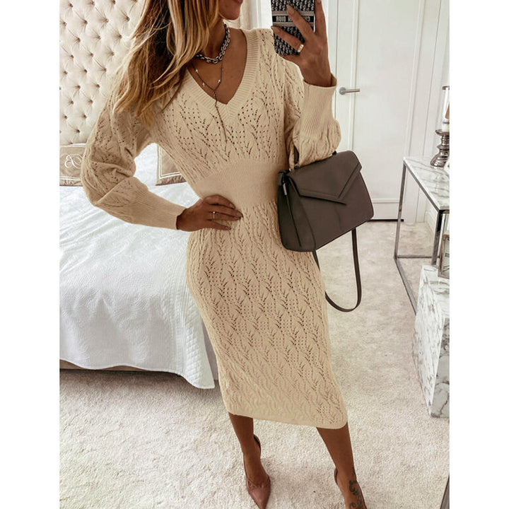 Long knitted slim dress V-neck cutout sweater ladies dress Image 4