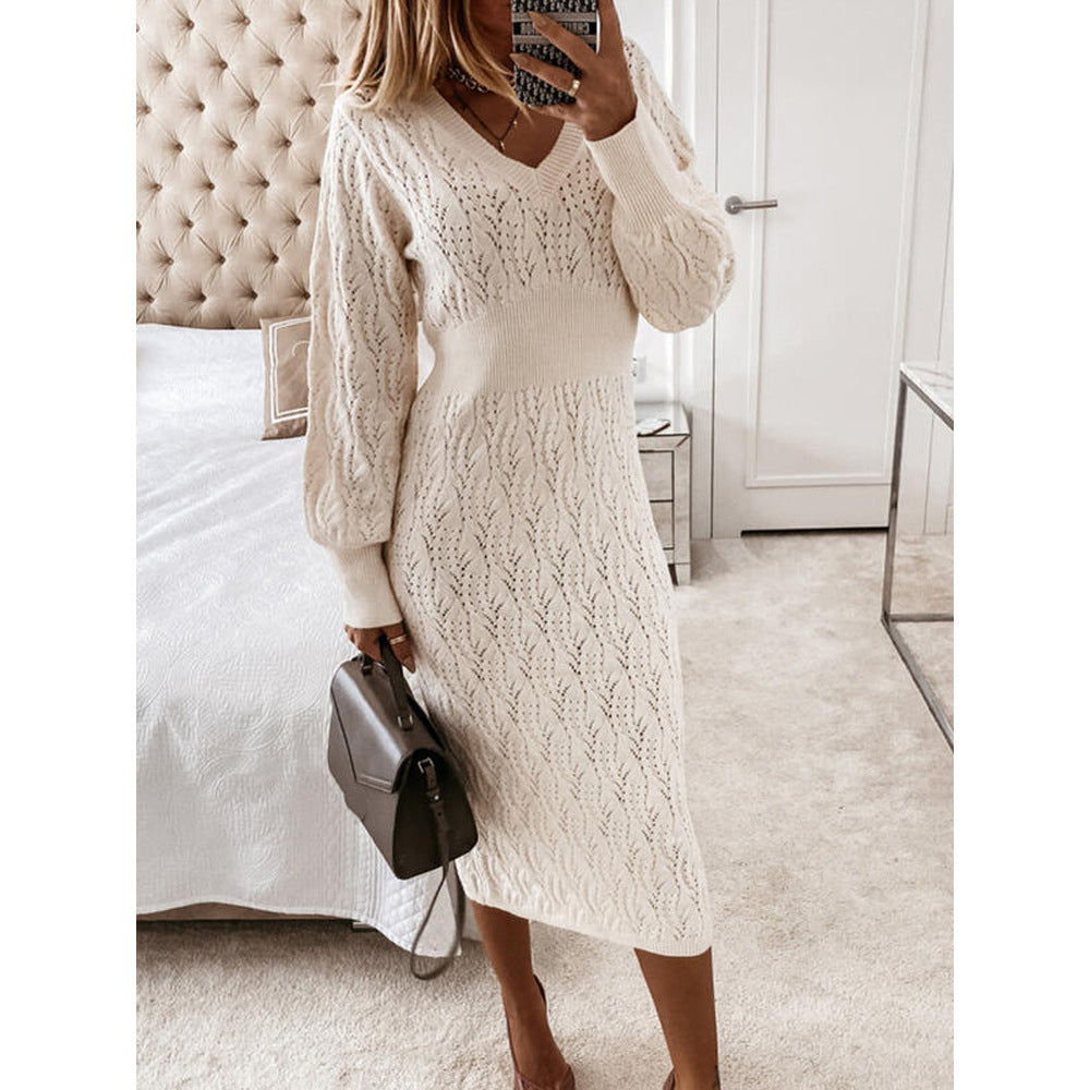 Long knitted slim dress V-neck cutout sweater ladies dress Image 4