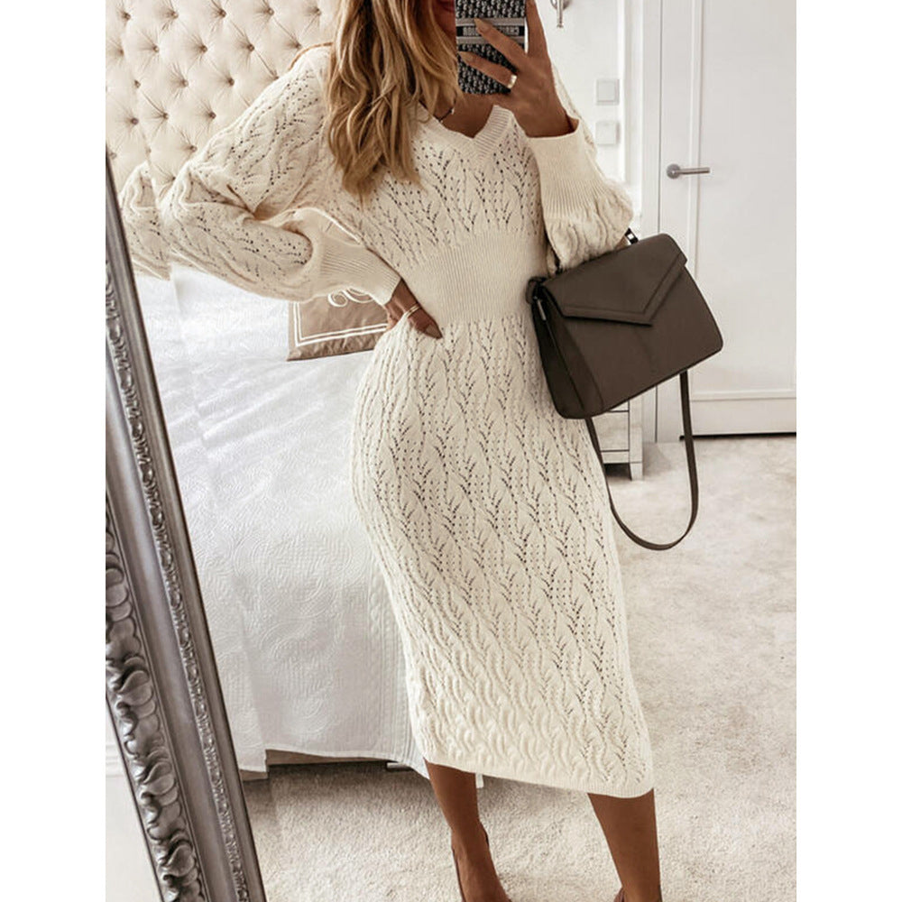 Long knitted slim dress V-neck cutout sweater ladies dress Image 6