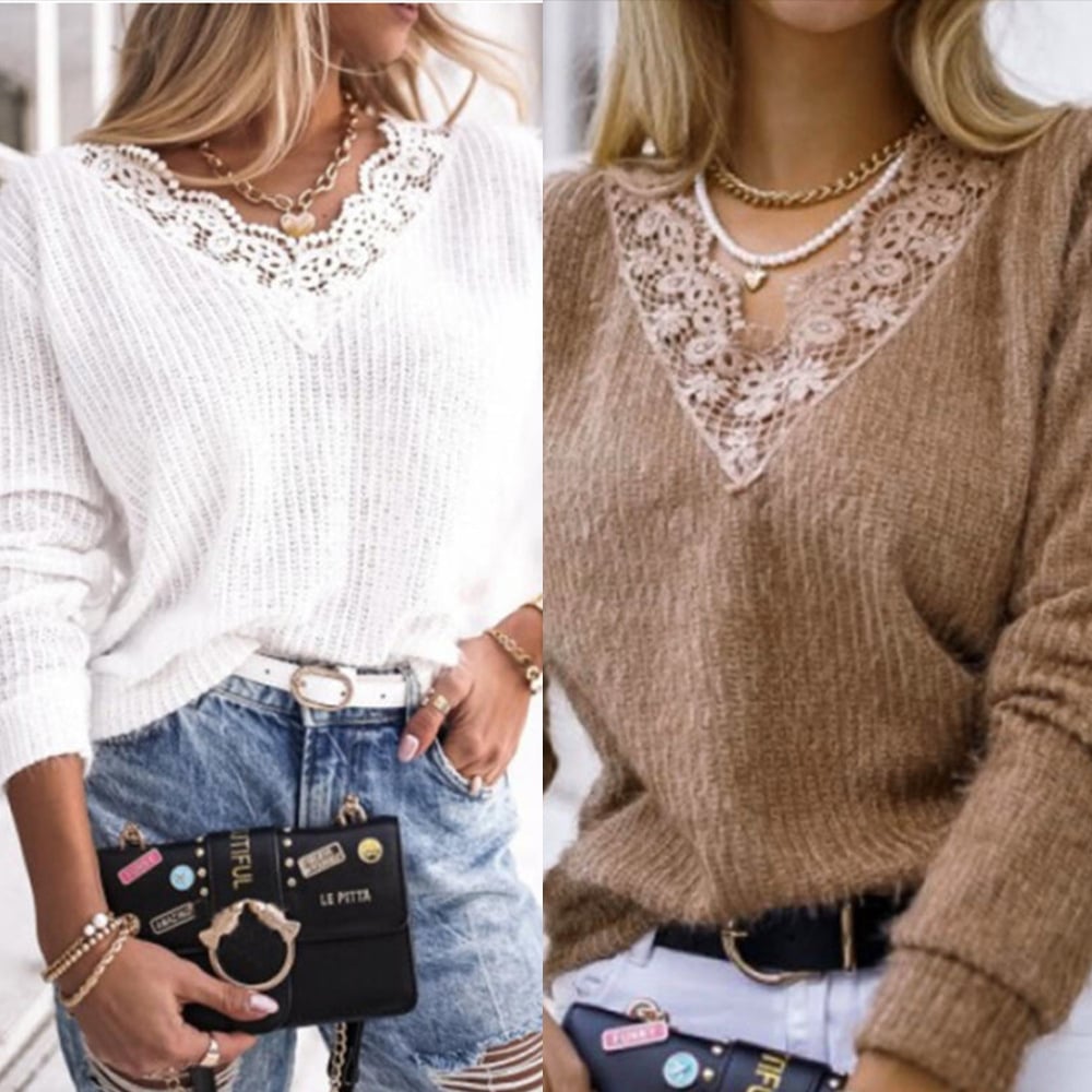 Lace edge knitted warm V-neck plain sweater top Image 1