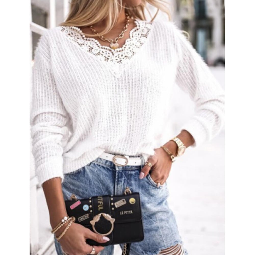 Lace edge knitted warm V-neck plain sweater top Image 2