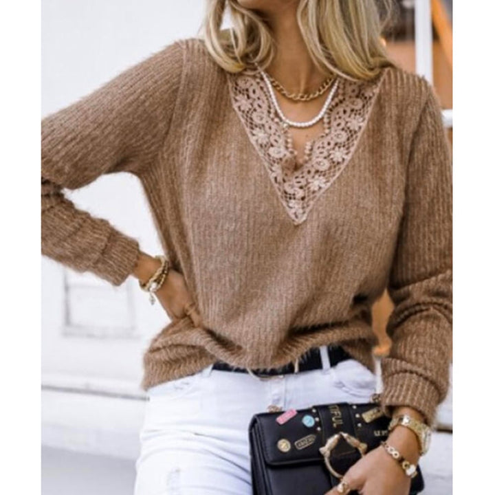 Lace edge knitted warm V-neck plain sweater top Image 1